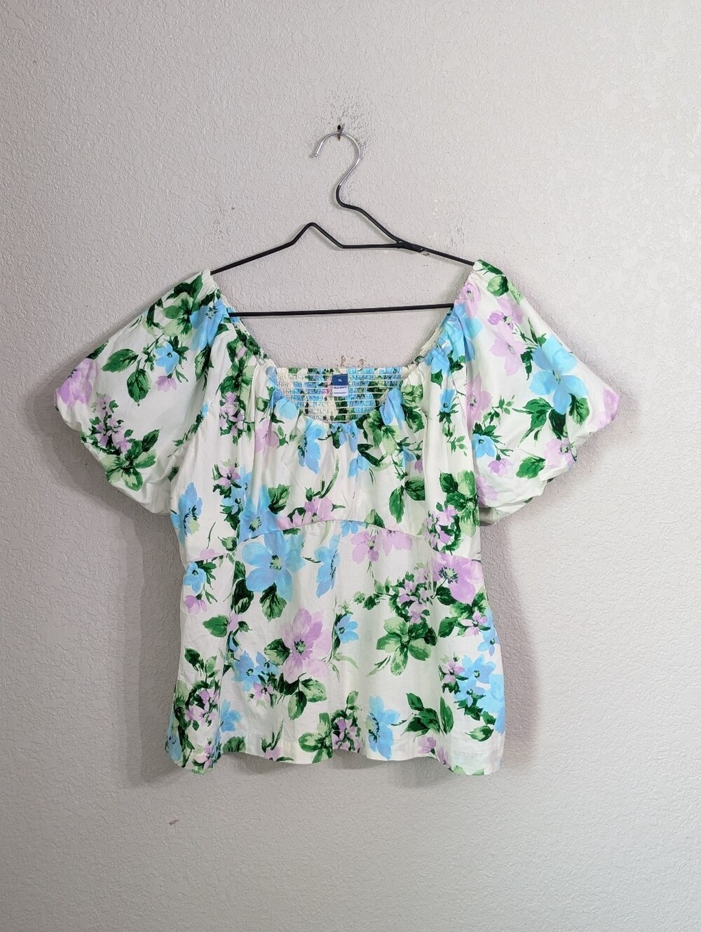 Old Navy Cotton Floral Peplum Top Blouse Size XL Short Puff Sleeve Smocked Back